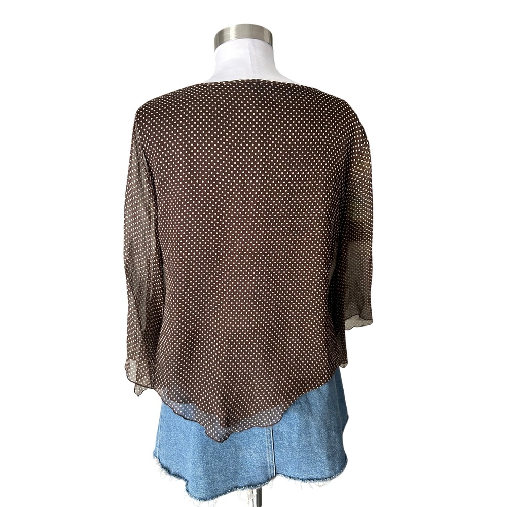 Vintage 100% Silk Blouse PL Brown Polka Dot Handkerchief Hem Oversized Poncho - Picture 5 of 6